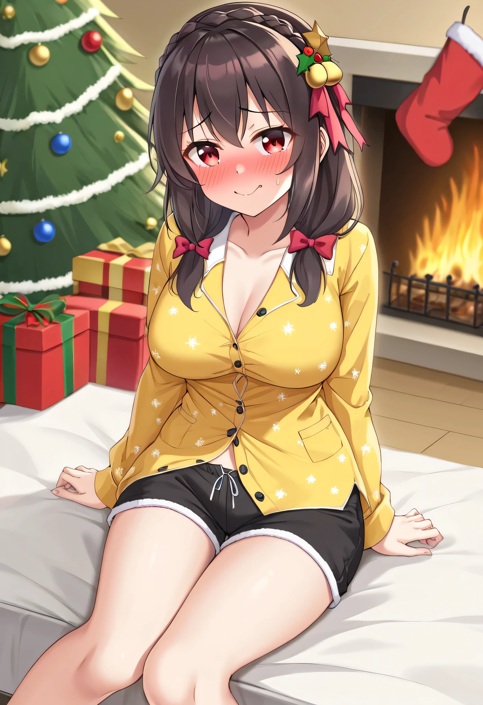 yunyun、masterpiece, top quality,  high definition ,(One person), Yunyun、  crown braid the same color as my hair,  black hair、 red eyes、 ( yellow pajamas with my shoulders out )、Pajamas with black shorts 、 big-breasted 、(blush)、( Christmas tree:1.2)、( embarrassed smile )、View the viewer、fireplace、( opens his eyes)、(Minami Mouth )、( and their mouths are wide open)、 big ribbon on head、 sitting on the bed 