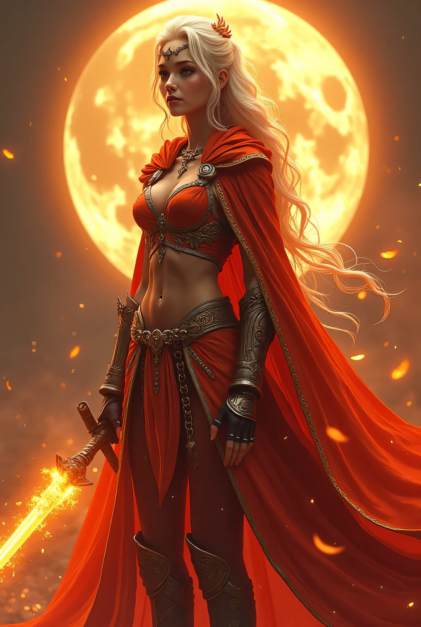 (8k, top quality, masterpiece), ( realistic , photo realistic : 1.37), super detailed, One Girl , { Phoenix Knight }, Wide angle , Big bouncing breasts , Extremely delicate depiction , Miniature Painting , 。 Complex Patterned Chain Combining Realistic and Fantastic Elements , Correct Skeleton, Intricate Patterned Chain Chain , Braided Chain Chain , Equipped with Long, Large Claws 、 like a dream,Super realistic mixed fantasy world , combination of realistic and fantastic elements ( Swirling Fire Cloak :1)、 looking straight into the camera 、Moonlight
