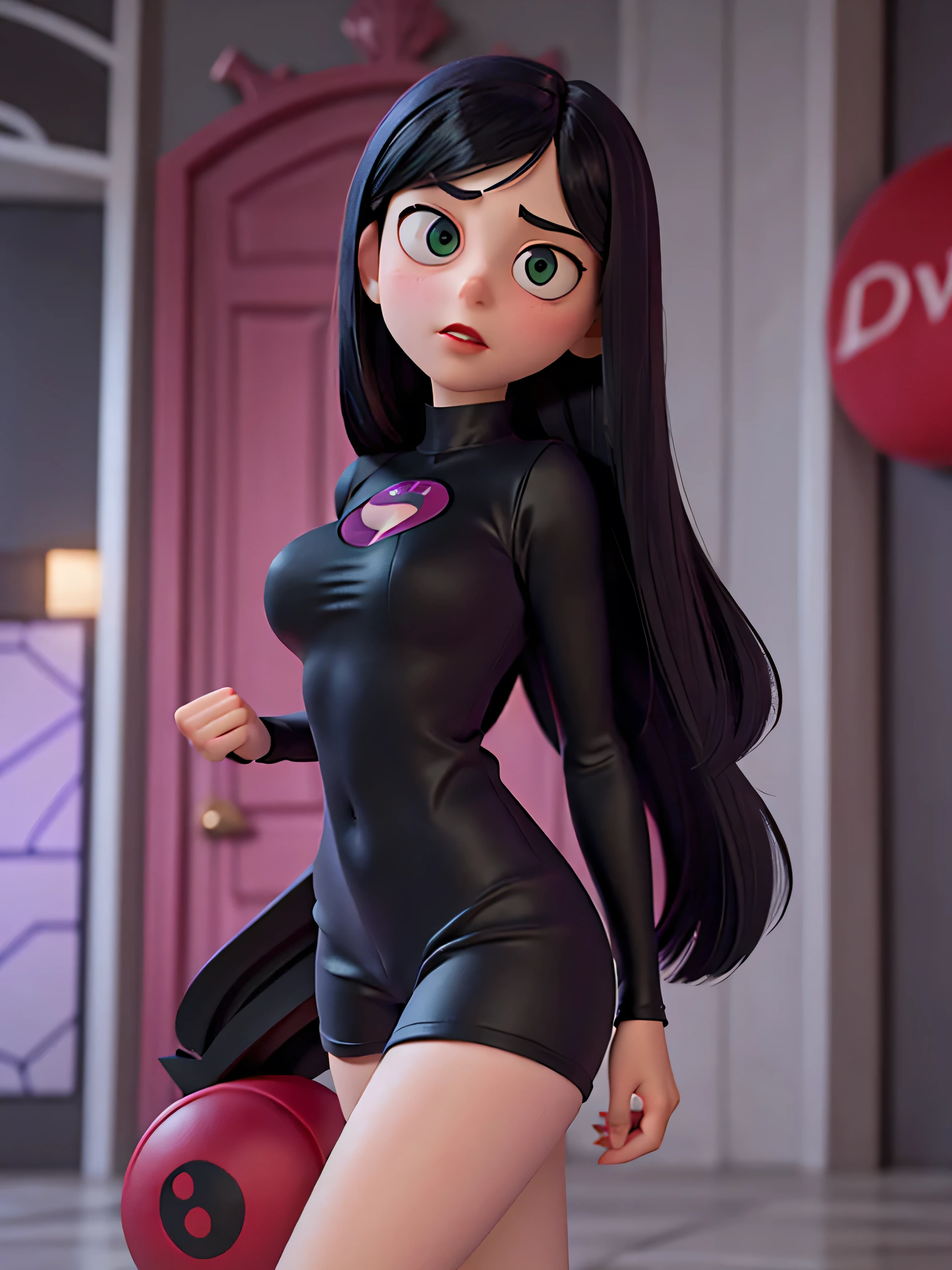 27 years old violet parr, very skinny, (tiny body), long black hair, red lips, (large breast), cleavage, green eyes, (black elastic outfit),