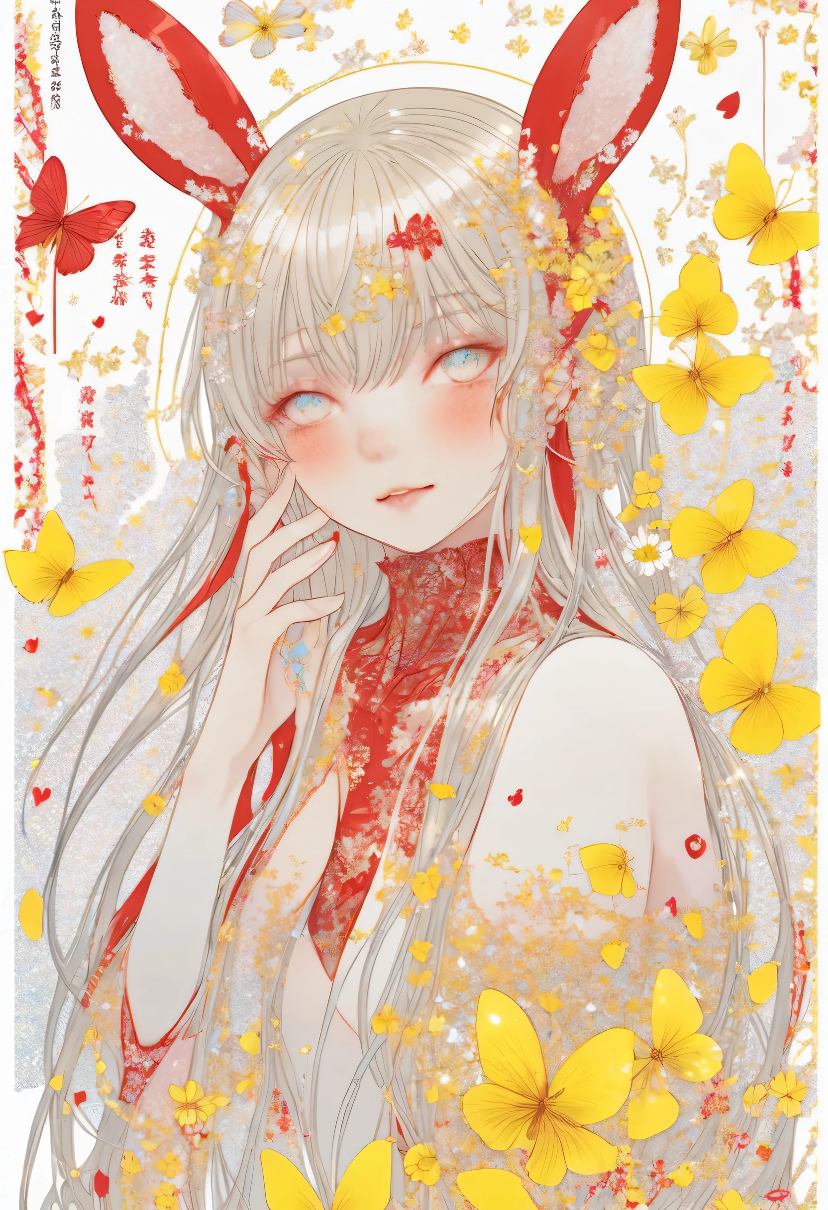  Nova Chroma Style Glitter,Integrated Composition ,  Bunny Girl Waiting for Spring 、 Long Hair Fluttering 、 beautiful face、 realistic、 illustrator、 Red and Yellow Style 、 white background 、 detailed writing 、 anatomically accurate depiction 、 Accurate Human Depiction 