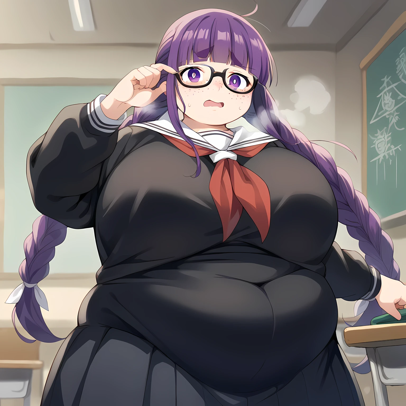 score_9, score_8_up, score_7_up, source_anime, fern, long hair, bangs, purple eyes, purple hair, sidelocks, blunt bangs, bright pupils, half updo, large breasts, jimiko, glasses, black-framed eyewear, messy, unkempt, thick eyebrows, twintails, braids, freckles, baggy eyes,, blush, open mouth, embarrassed, classroom, adjusting eyewear, serafuku, black serafuku, red neckerchief, skirt, black skirt, pleated skirt, cowboy shot, averting eyes, fat, chubby, obese, gigantic arms and legs, large breasts open mouth, out of breath