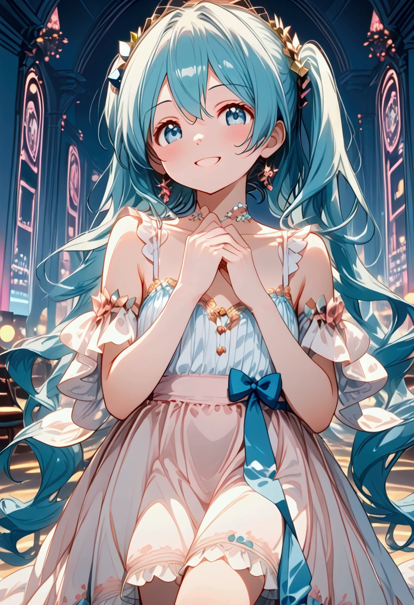 ((masterpiece)), ((best quality)), (ultra-detailed), ((kawaii)), cute, (lovely), Live performance venue, Hatsune Miku, Miku, idol, young entertainer, ((beautiful eyes)), smile, sparkling effect, neon light