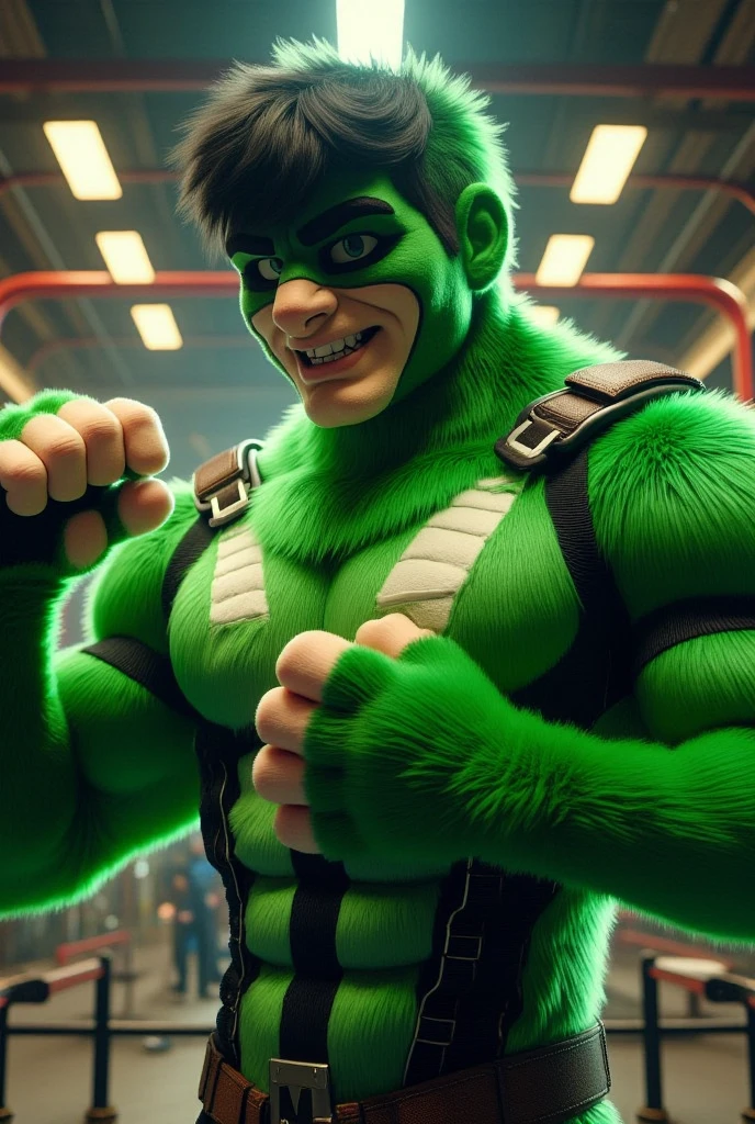 From the original 《Teen Titans 》series ,  身穿of红色 , of, , there is also a green costume  ,  Rendering， muscular ， Ready to Act  .  他正在用其中一个在空中跳跃他of escrima sticks 画了 ,   with a fierce and focused expression  .  背景是夜晚of黑暗哥谭般of城市 , ，光影形成鲜明of对比 .  罗宾of斗篷在风中飘动 , ，动作姿势凸显了他强大of肌肉 .  当他冲向看不见of敌人时，城市of灯光在远处闪烁 .   The scene uses ultra-high definition 8K  ,  of毛皮套装非洲野狗雄性肌肉知更鸟of高度细节of 3D Rendering，具有电影般of真实感和超逼真of细节，将罗宾of运动体质和动态环境变为现实.  CyberRealist 灯光强调了他动作of戏剧性和战斗of激烈程度 .