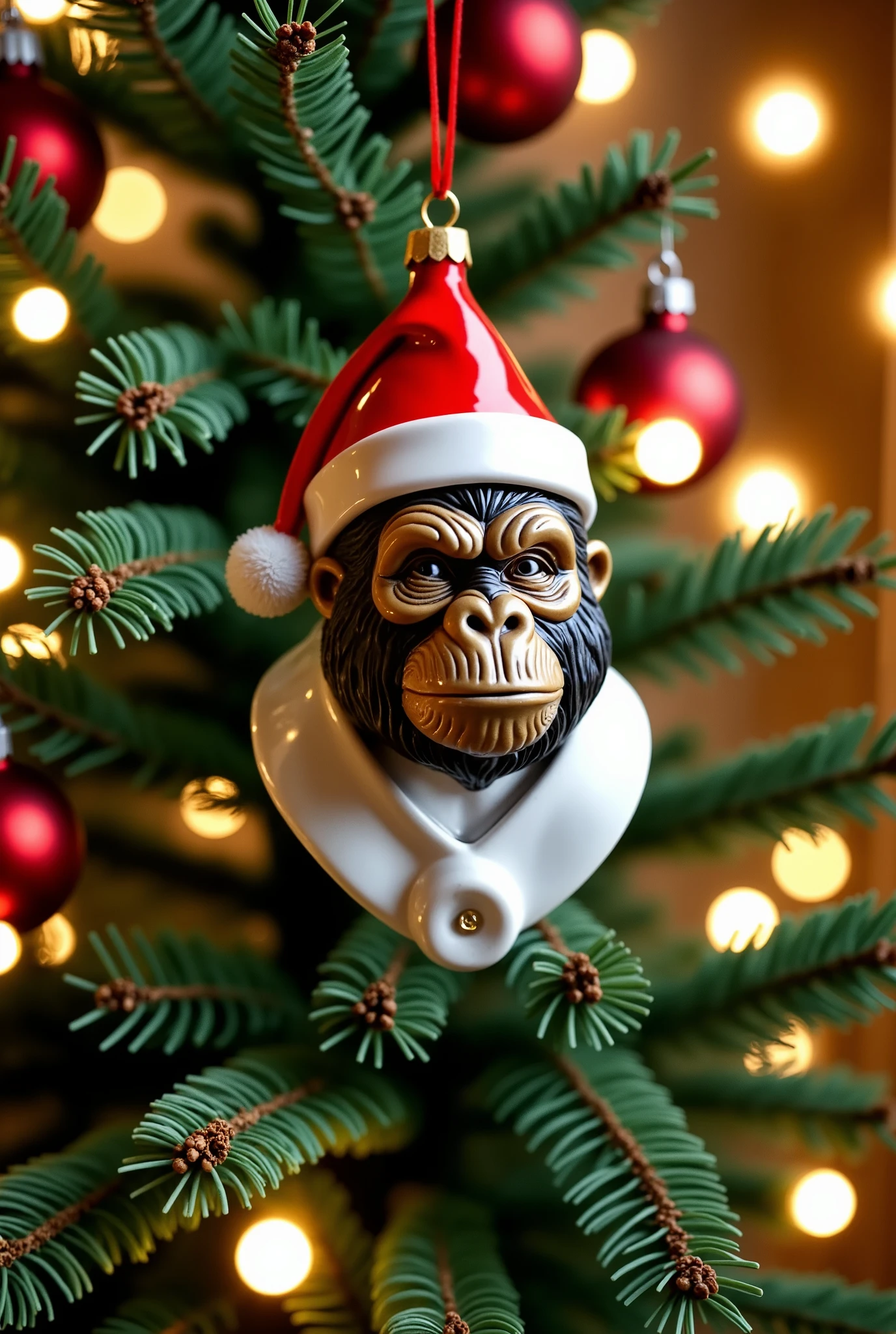 This is a high-resolution photograph of a b4ubl3f4c3 style gorilla, a Christmas ornament hanging from a beautiful tree in a warm homely room.