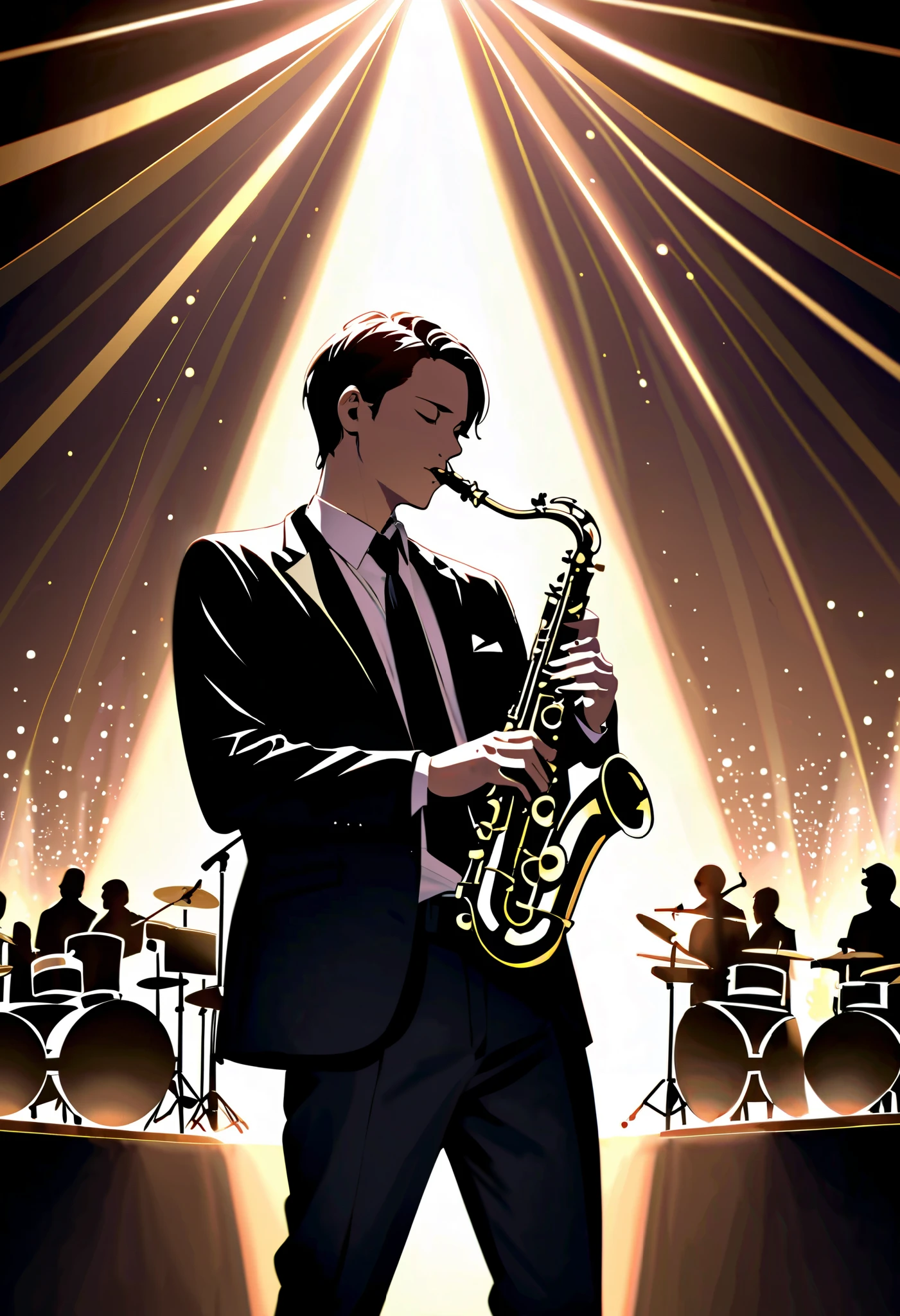 live music club,Solo part of a jazz band,playing saxophone with a mysterious expression in the spotlight. The audience holds its breath,lost in the music. codeandigital, c0dean0igital, cyberw0rlds,