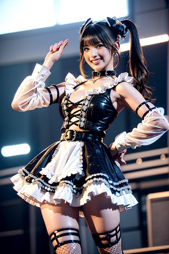(masterpiece, best quality:1.2), hd, realistic, 80mm, cowboy shot, solo, 1girl, vestia zeta, virtual youtuber, smile, looking at viewer, hair ribbon, hair ornament, white dress, single thighhigh, thigh strap, fullbody, standing, cosplayer, asian Young woman