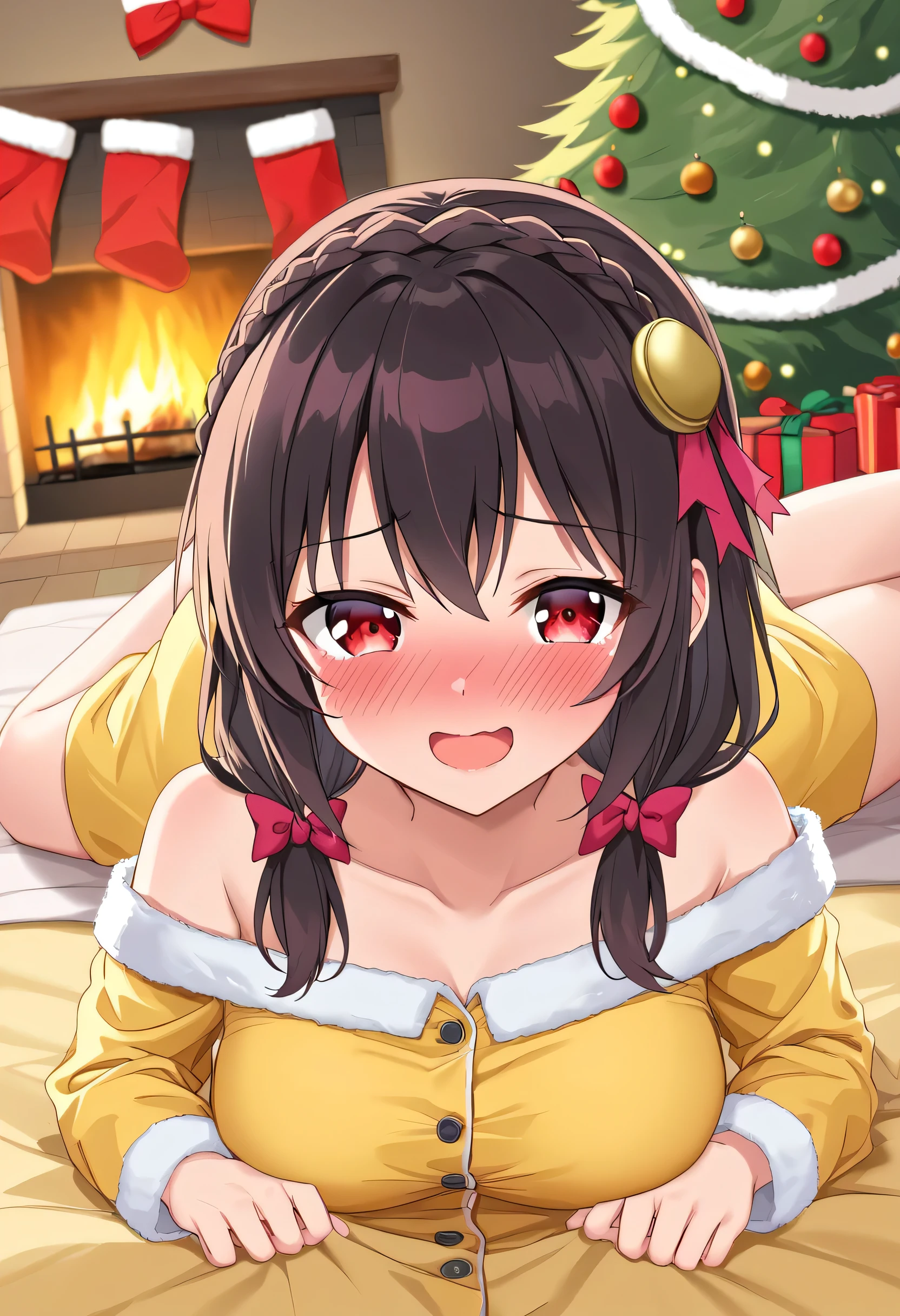 yunyun、masterpiece, top quality,  high definition ,(One person), Yunyun、  crown braid the same color as my hair,  black hair、 red eyes、 Hair Accessory , ( yellow pajamas with my shoulders out )、 big-breasted 、(blush)、( Christmas tree:1.2)、( embarrassed smile )、View the viewer、fireplace、( open my eyes wide)、Minami Mouth 、( open your mouth wide)、Lying on my back on the bed 、I have a big bow on my head 、I'm in the futon 