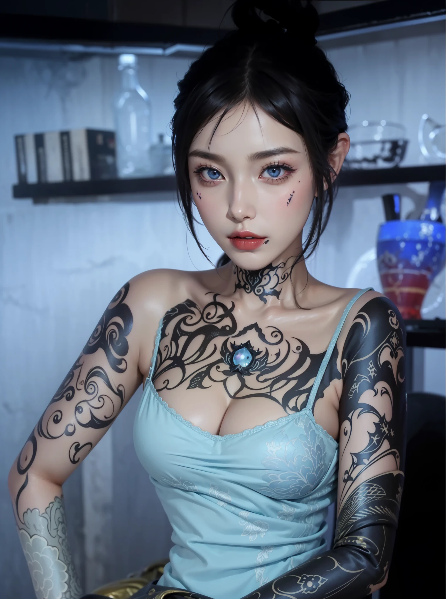 Woman with dragon tattoo on her body。