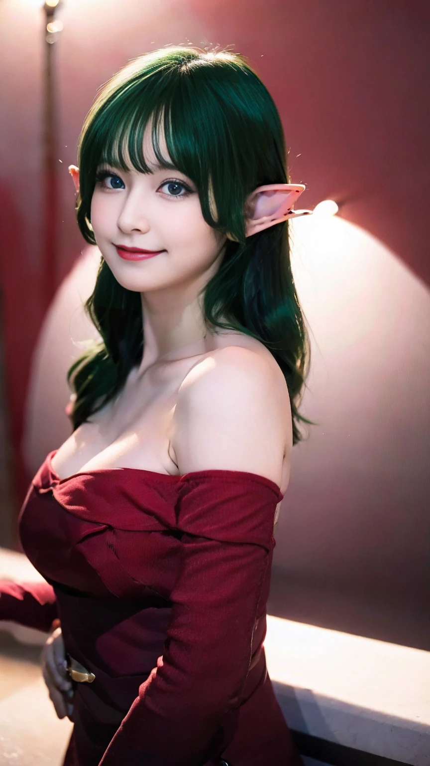 ((masterpiece,best quality,ultra-delicate,Perfect Face,16k,very detailed eyes,high resolution,very beautiful girl,sharpness,raw photo,18 years old,bright green color hair:2.0,cute,Photographed from the front)),,Red strapless bodycon tube dress with huge red bow on the back:2.0,Red long arm sleeves,Elf Girl,very huge Breasts:2.0,blue eyes, very happy smile:2.0,upper body shot,