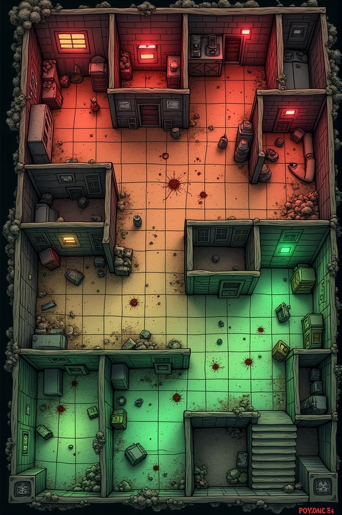 "Create a detailed tabletop game board for a zombie apocalypse theme. The game board should be a 10x10 grid (100 cells in total) with various rooms, corridors, and infected zones. The rooms should include:

Starting Zone in the top-left corner (position 1,1), marked as a safe space.
Living Room: Large room spanning from position 1,2 to 4,5, with broken furniture, windows, and debris.
Kitchen: Cells from 5,1 to 6,4, with scattered food, broken counters, and items.
Bedroom: From positions 7,1 to 8,4, with a bed, a wardrobe, and some bloodstains.
Bathroom: From 4,6 to 6,6, containing a sink, shower, and signs of infection.
Storage Room: From 7,5 to 8,6, filled with supplies like shelves and boxes.
Basement: From 9,1 to 10,4, dark and filled with old furniture, crates, and more zombies.
Infected Zones (marked in red):

Some cells are infected, indicated by a red color. Infected zones are spread across the board, including cells 2,5; 5,5; 6,7; 8,8; 10,3.
Safe Zones (marked in green):

Some cells are safe zones, indicated by green color. Safe zones are cells where players can take a break without encountering infection. For example: cells 3,3; 7,6; 6,3.
Event Cells (marked with "?"):

Some cells have a "?" symbol, representing event cards that players draw when they land on these cells. Event cards may contain positive or negative effects.
Movement and Infection Mechanics:

The board should be designed for 4-player gameplay using a 4-sided die (D4). Players move a number of cells based on the roll of the die.
Infected zones spread across the board each turn. Infected cells are contagious and affect players who land on them.
The goal of the game is to escape the house before infection spreads to all players.
The board should have a spooky, post-apocalyptic theme, with dark, grim elements like broken walls, furniture, and scattered items. The design should be clear, engaging, and easy to follow, with a hand-drawn, sketch-like style. Make a 10 by 10 cell 100 cells together m