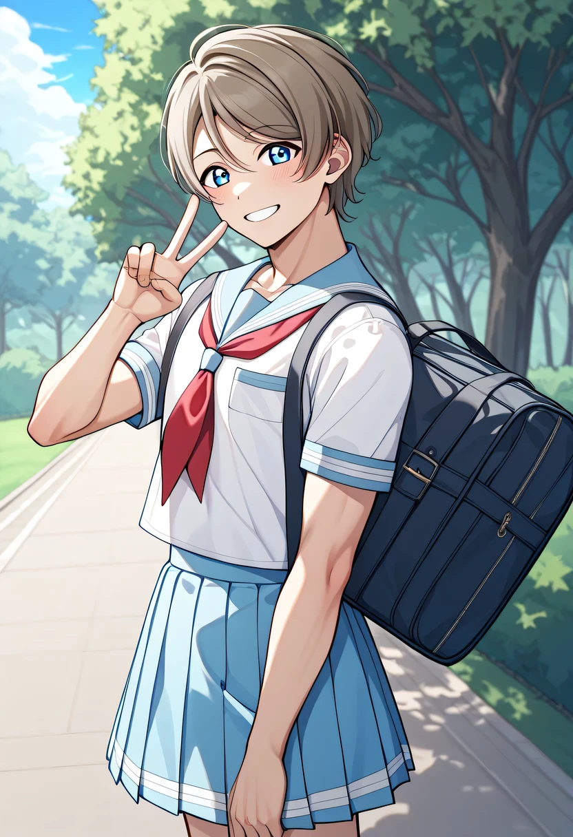 score 9 、score 8 up、score 7 up、source anime、1boy、(male:1.5)、Alone、looking at viewer、smile、Short Hair、 blue eyes、Brown Hair、Grey Hair、 light blue sailor collar 、 white shirt、 school uniform 、Short sleeve、 pleated skirt、outdoors、 sailor suit、 light blue skirt 、 Red Neckerchief 、bag、Green、tree、v、(manly:1.5)、school bag、uranohoshi school uniform、you Watanabe love live、(male body:1.5)、