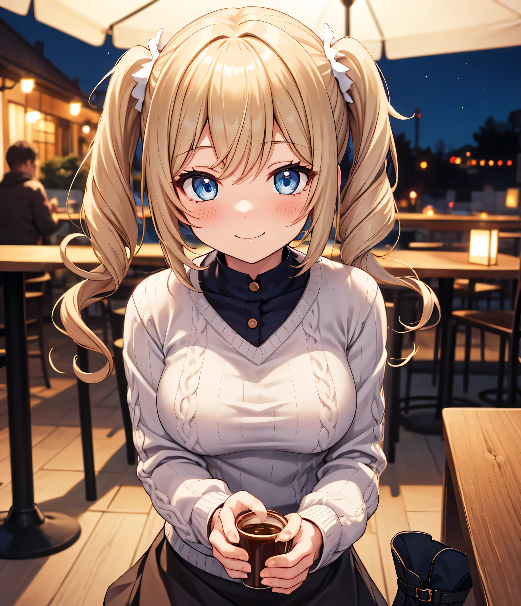 1 girl, alone, high definition , long hair, Big Breasts , with your right hand and look, blush, smiles, blue eyes, Blonde, high definition , masterpiece, accurate, anatomically correct, won numerous awards, 最high quality, details, High details, high quality, quality, retina, very detailed, textured skin, Ultra High Definition, knitted sweater with coffee in hand, miniskirt, long boots, Cafe Background, night, Terrace seats, Twin Tails , Emphasize the upper body, 椅子に座る,