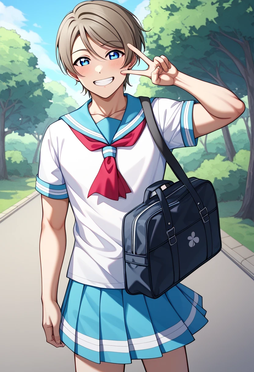 score 9 、score 8 up、score 7 up、source anime、1boy、(male:1.5)、Alone、looking at viewer、smile、Short Hair、 blue eyes、Brown Hair、Grey Hair、 light blue sailor collar 、 white shirt、 school uniform 、Short sleeve、 pleated skirt、outdoors、 sailor suit、 light blue skirt 、 Red Neckerchief 、bag、Green、tree、v、(manly:1.5)、school bag、uranohoshi school uniform、you Watanabe love live、(male body:1.5)、