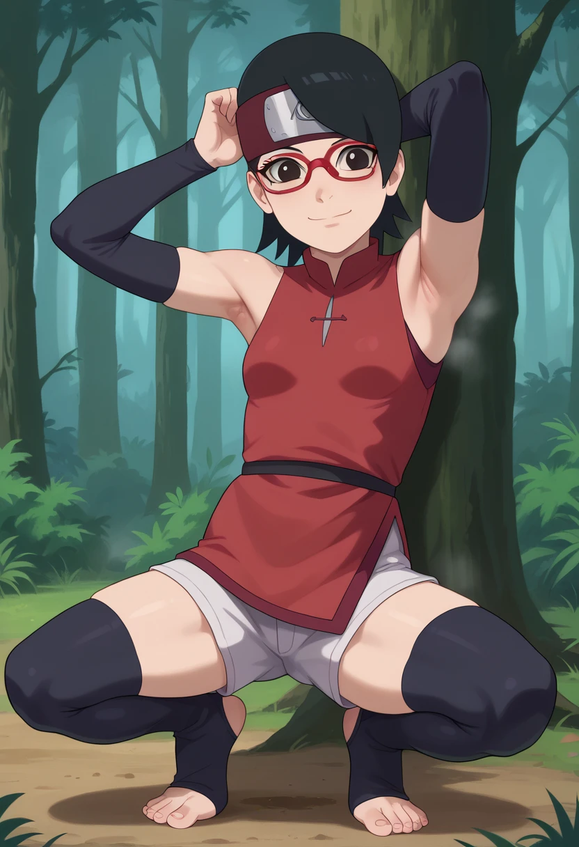  1 girl, nsfw,hughres, , short hair,  red frame glasses  , dark eyes, black hair ,  worried expression ,smile，small breasts, headband, red sleeveless dress, detached sleeves, shorts, thighhighs, toeless shoes ,forest,Armpit,Armpit wrinkles,Armpit smell,Armpit juice, arms up,stretch,pubic hair, underhair,squat down,, Embarrassing