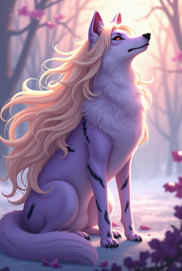Fluffy female beautiful Arctic wolf with long white hair, eyelashes and claws, wide hips,yellow eyes and a flower crown