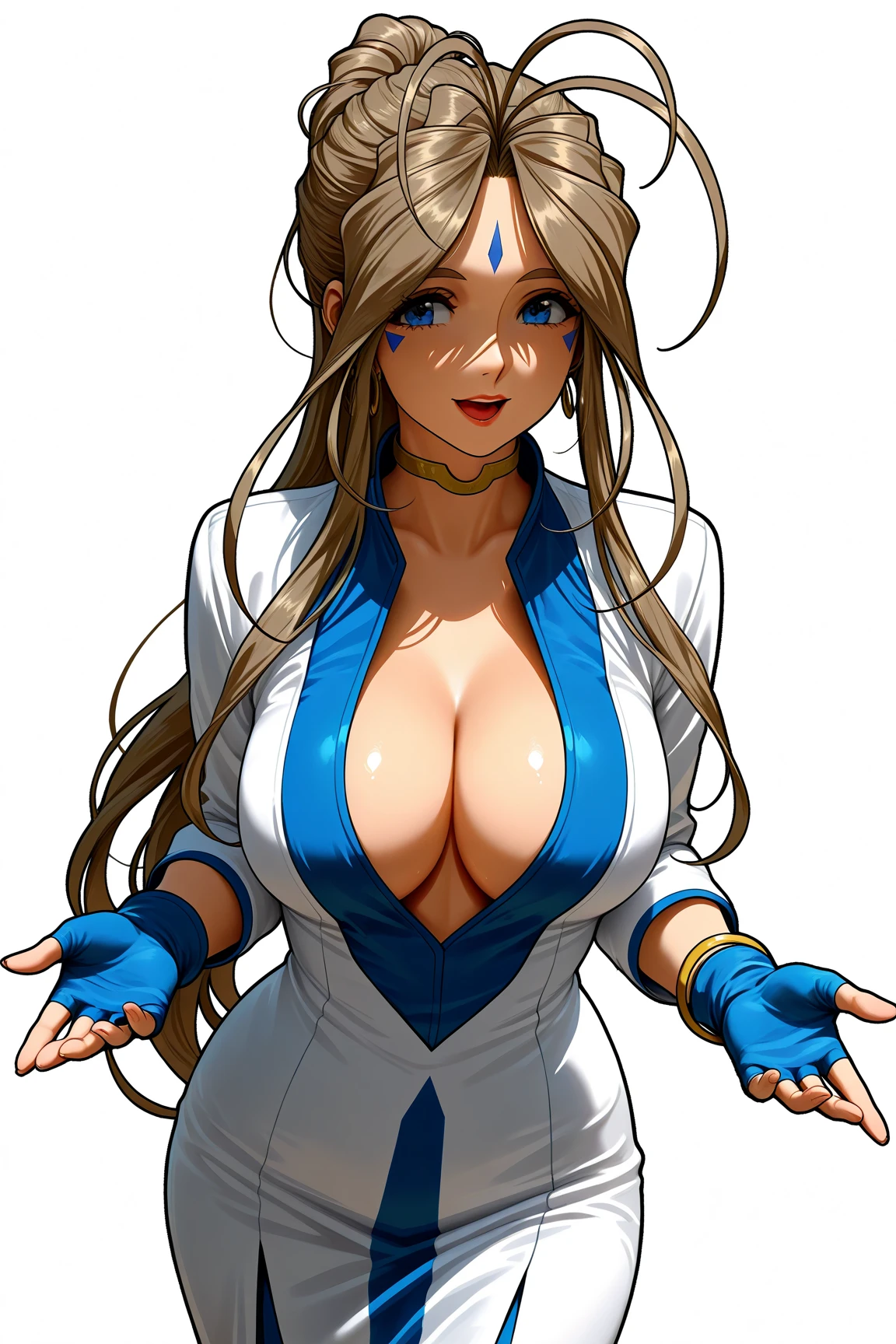 sfw, 1goddess, solo, (priestess, priestess short-neck dress), (short-neck), long sleeves, ((Blue-Trimmed-Dresses, Blue-Trim-clothes)), shiny, shiny white skin, (closed front clothes:1.6), calm smile, open mouth, open palm, arms_down, (full bust:1.5, glamorous, Curvy body, Slim waist), 
BREAK, Lovebell-SDXL, Belldandy, long ponytail, brown hair, blue eyes, gold choker, ((fingerless_blue_short_gloves:1.5)), bracelet, earring, wedding_silver_ring on left_hand_ring_finger, gold anklet, (elegant mature woman), safety, tranquility, 
BREAK, simple background, transparent background, 
BREAK, masterpiece, best quality, newest, absurdres, highres, detailed eyes, detailed eyelashes, extremely detailed face, sharp detailed lips, detailed hand, 
BREAK, cowboy shot, ((standing)), dynamic angle, 