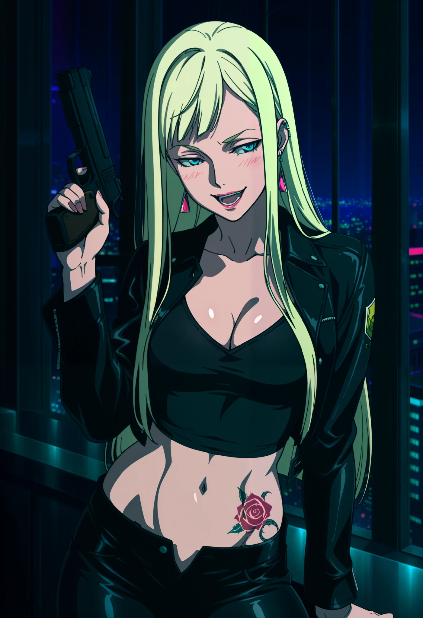 1girl,solo,Andalucia,blonde hair,long hair,blue eyes,earrings,anime coloring,medium breast,
ear piercing, long hair, blush, lipstick,Hot girl, sensual, attractive,  indoors, bar background, inside bar, cityscape, building, nightclub, city lights, masterpiece, best quality, highly detailed, a girls with a gun, evil smile , open mouth, sexy gaze, badass
pose , evil smile, smile, (nsfw) not safe for work, guns blazing, anime girl with long hair, beautiful long
haired girl, navel, evil expression, exposed belly, exposed navel, exposed midriff, exposed lower belly,
long black pants, crop top, cleavage, unbuttoned leather pants ,open fly, low rise black leather pants,
leather jacket, holding a gun, holding pistol , cleavage, unbuttoned shirt,shirt, knot,, dragon tattoo, tattoo on body, tattoo midriff, rose tattoo, shiny skin, 