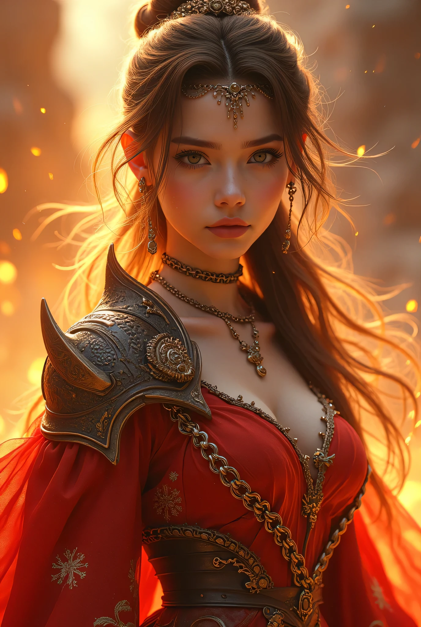(8k, top quality, masterpiece), ( realistic , photo realistic : 1.37), super detailed, One Girl , { Phoenix Knight }, Wide angle , Big bouncing breasts , Extremely delicate depiction , Miniature Painting , 。 Complex Patterned Chain Combining Realistic and Fantastic Elements , Correct Skeleton, Intricate Patterned Chain Chain , Braided Chain Chain , Equipped with Long, Large Claws 、 like a dream,Super realistic mixed fantasy world , combination of realistic and fantastic elements ( Swirling Fire Cloak :1)、 looking straight into the camera