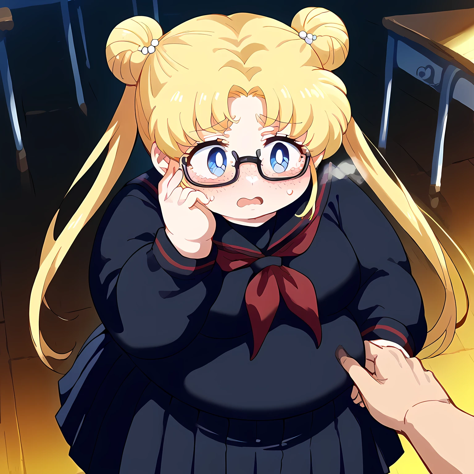 score_9, score_8_up, score_7_up, source_anime, usagi tsukino, blonde hair, blue eyes, double bun, hair bun, hair ornament, long hair, twintails, circlet, parted bangs,, jimiko, glasses, black-framed eyewear, messy, unkempt, thick eyebrows, twintails, braids, freckles, baggy eyes,, blush, open mouth, embarrassed, classroom, adjusting eyewear, serafuku, black serafuku, red neckerchief, skirt, black skirt, pleated skirt, cowboy shot, averting eyes, swollen face, fat, chubby, obese, open mouth, out of breath, absurdres, highres icon, rating:General, confused, blush, {flustered}, nervous sweating, portrait, pov hands, hand on another's cheek, averting eyes, [looking away], straight-on, from above,  upper body, masterpiece, best quality, ultra-detailed, high resolution, 8K, 