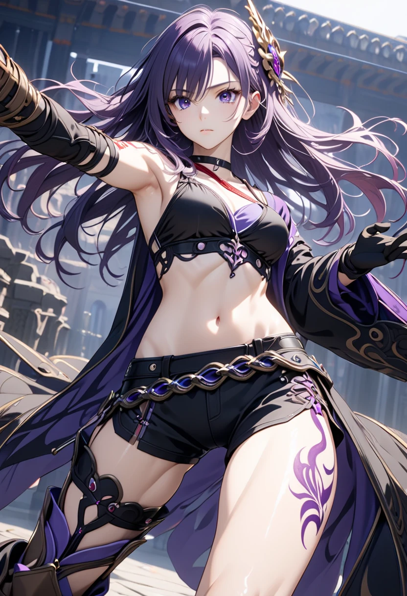 Hold the sword with both hands,long hair, black short shorts, leg tattoo, single knee boot, single thigh boot, midriff, black gloves, hair ornament, choker, long coat, single sleeve, single gauntlet, uneven leg wear,( dynamic pose),(looking away),( expressionless), Anime style, detailed, screen cap, very detailed, (detailed hair, eyes, and eyelashes:1.2), 1girl, Alone,25 years old,long hair, purple hair, purple eyes, hair over one eye,black bikini details,(masterpiece:1.2), (best quality:1.2), (very aesthetic:1.2), (Highly detailed CG, High resolution), (detailed background),newest, perfect anatomy,AI-generated,intricate details,safe),