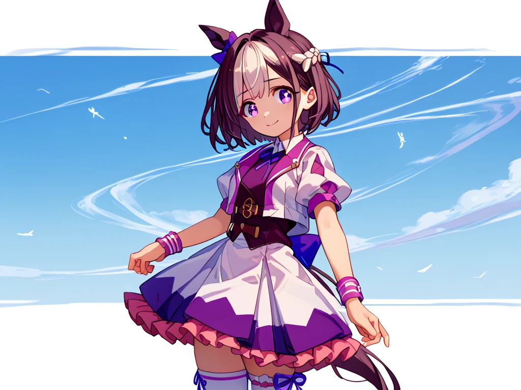 best quality, absurdres, masterpiece, 1人の女の子
special week \(Uma Musume\), 
ear bow, purple bow, puffy short sleeves, neck ribbon, blue ribbon, cropped jacket, white jacket, two-tone jacket, collared shirt, white shirt, purple vest, wristband, wrist cuffs, white skirt, pleated skirt, two-tone skirt, frilled skirt, frills,   zettai ryouiki, white thighhighs, white footwear, purple footwear, asymmetrical footwear, mismatched footwear, Durable sneakers, glad, smiling, embarrassed, standing, looking at viewer, in the field of flowers, surrounded by stars and stardust, at midnight, cute, beautiful, upper body, from front, moonlight