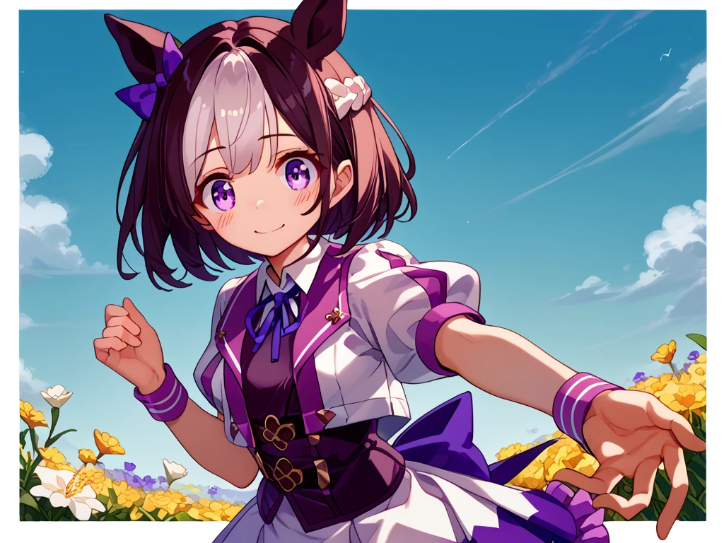 best quality, absurdres, masterpiece, 1人の女の子
special week \(Uma Musume\), 
ear bow, purple bow, puffy short sleeves, neck ribbon, blue ribbon, cropped jacket, white jacket, two-tone jacket, collared shirt, white shirt, purple vest, wristband, wrist cuffs, white skirt, pleated skirt, two-tone skirt, frilled skirt, frills,   zettai ryouiki, white thighhighs, white footwear, purple footwear, asymmetrical footwear, mismatched footwear, Durable sneakers, glad, smiling, embarrassed, standing, looking at viewer, in the field of flowers, surrounded by stars and stardust, at midnight, cute, beautiful, upper body, from front, moonlight