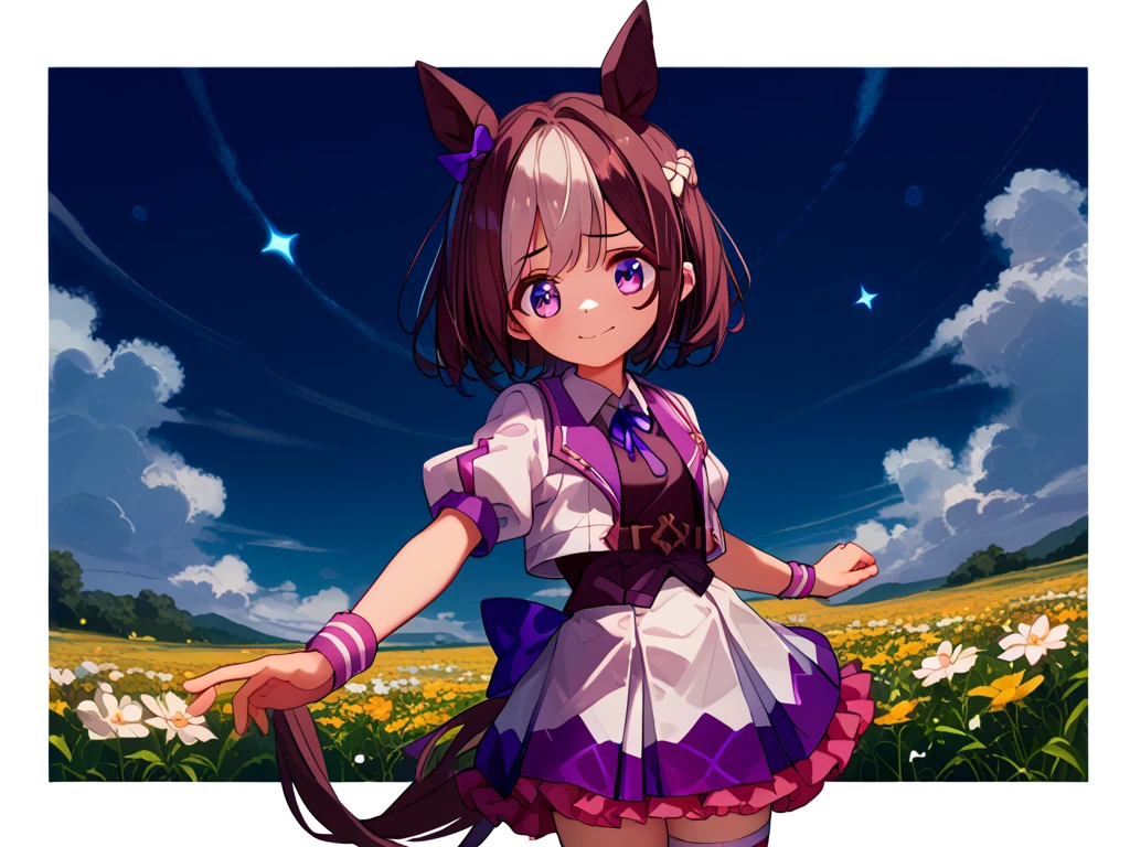 best quality, absurdres, masterpiece, 1人の女の子
special week \(Uma Musume\), 
ear bow, purple bow, puffy short sleeves, neck ribbon, blue ribbon, cropped jacket, white jacket, two-tone jacket, collared shirt, white shirt, purple vest, wristband, wrist cuffs, white skirt, pleated skirt, two-tone skirt, frilled skirt, frills,   zettai ryouiki, white thighhighs, white footwear, purple footwear, asymmetrical footwear, mismatched footwear, Durable sneakers, glad, smiling, embarrassed, standing, looking at viewer, in the field of flowers, surrounded by stars and stardust, at midnight, cute, beautiful, upper body, from front, moonlight