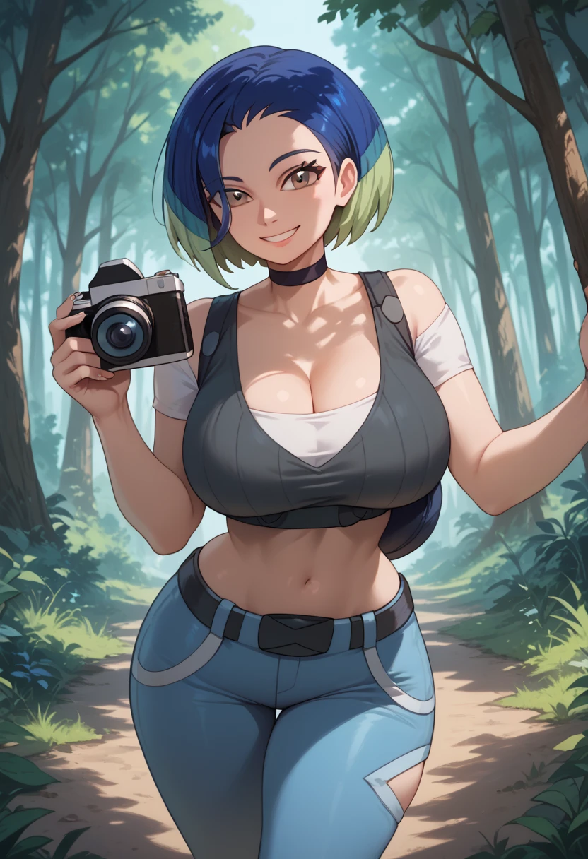 (masterpiece, best quality:1.2), highres, solo, 1girl, perrin_pokemon, blue hair, multicolored hair, brown eyes, smile, looking at viewer, walking, crop top, pants, choker, belt, midriff, dense forest, kneeling, taking a picture, holding camera, cowboy shot, huge breasts, deep cleavage, wide hips, thick thighs,