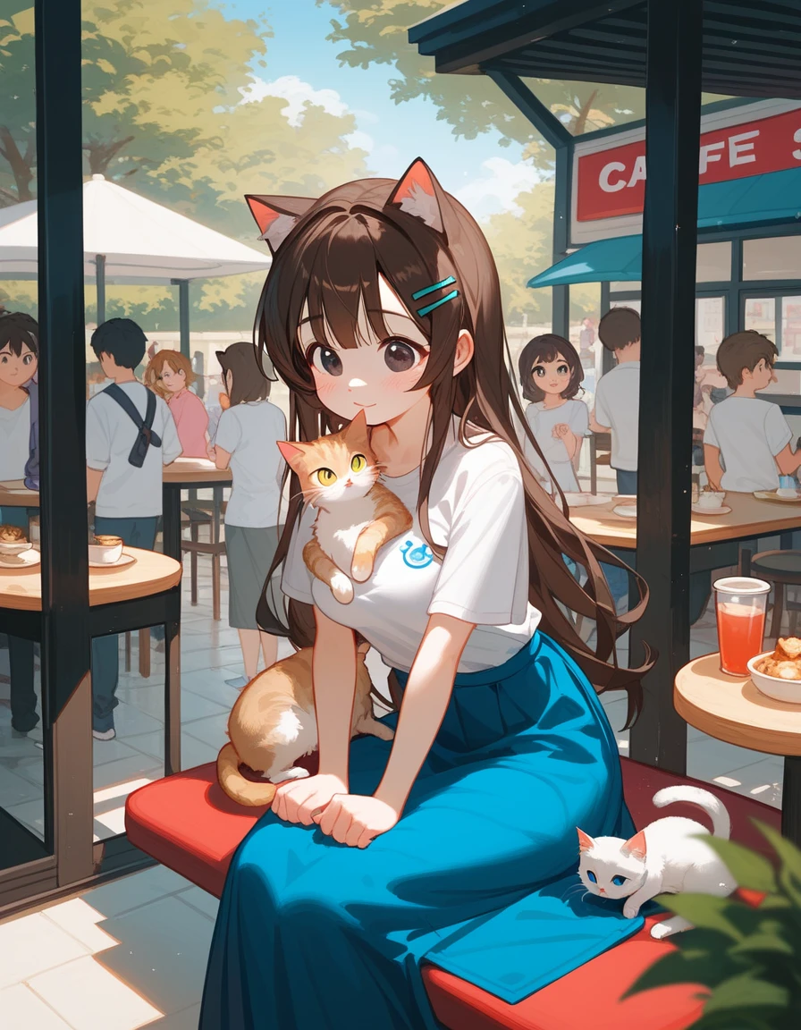 ,Shy, in black eyes, dark brown hair,Long hair,younger sister,Blue long skirt , White T-Shirt, Light Pink Jacket,cute, Medium Breasts,stand,Hairpin ,Red-cheeked shear,thin,high,thinเพรียว,In a cat cafe,,Sitting with a kitten ,ยิ้มแย้มcute,There are several cats, Playing with Cats ,Cat Island
