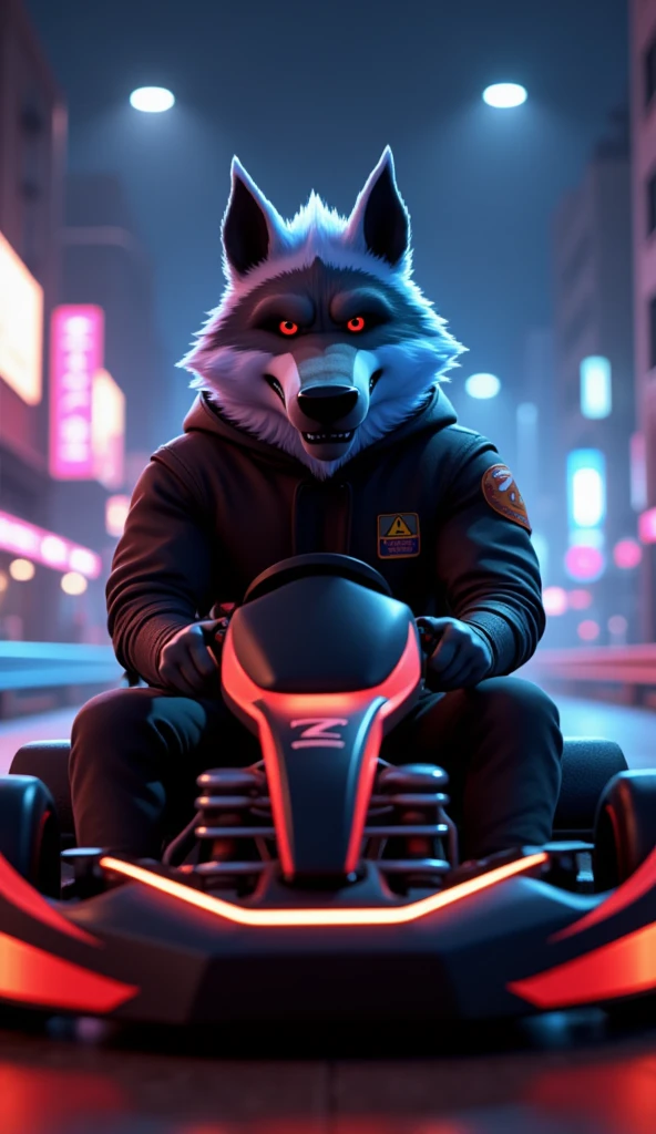  “A strong and majestic male ape wolf ， called death wolf ，Have muscles、 and has a well-defined, muscular physique ， confidently sits in a stylish futuristic go-kart 。 wolf fur is dark ， silver highlights that sparkle under the city's bright neon lights。他穿着一套 tactical racing suit ， ， with metallic tones ，There is a glowing badge on the chest。 as him ， His sharp red eyes sparkle 。 The kart itself is a high-tech aerodynamic machine ， blue and red neon lights outline its frame ， gives it a futuristic aesthetic when you hold the wheel and get ready for the race 。 The background is a busy night neon city ， towering skyscrapers 、Glowing cards and reflective streetlights and glowing signs create a vibrant atmosphere as the cityscape hurries past。 The entire scene is rendered in ultra-detailed 3D ， has cinematic realism ， captures go-karts 、 texture of wolf skin and vibrant urban environments 。",
"Style"： “cinematic realism 、 surrealism 、 Photorealistic 、Ultra HD 8K、 ultra-detailed 、3D rendering” ，
"Environment"： “neon city ， futuristic tracks ， bustling night scene” ，
 “character” ： “dead wolf male ，Muscular people，adult， tactical racing suit ， future go-karts” 