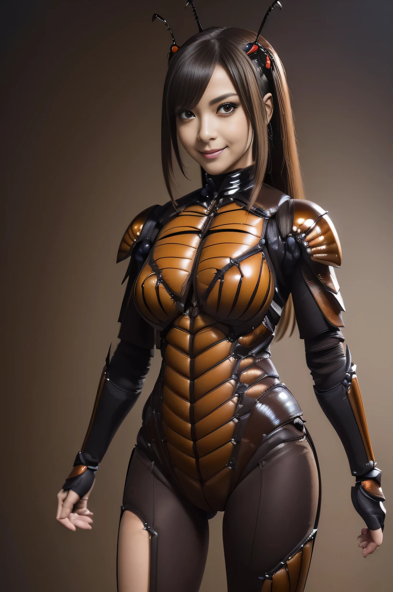 (high resolution,masterpiece,best quality,extremely detailed CG, anime, official art:1.4), realistic, photo, amazing fine details, all intricate, gloss and shiny,awesome many layers, 8k wall paper, 3d, sketch, kawaii, illustration,( solo:1.4), perfect female proportion,villainess, (fusion of dark brown cockroach and lady:1.4), (brown cockroach form lady:1.2), (brown cockroach lady:1.2), (fusion:1.2), (solo:1.4), (evil smile:1.2), muscular, abs, (cockroach brown exoskeleton bio insect suit:1.4), (cockroach brown exoskeleton bio insect armor:1.2), (brown transparency cockroach wing:1.4), (brown cockroach antennae:1.3),