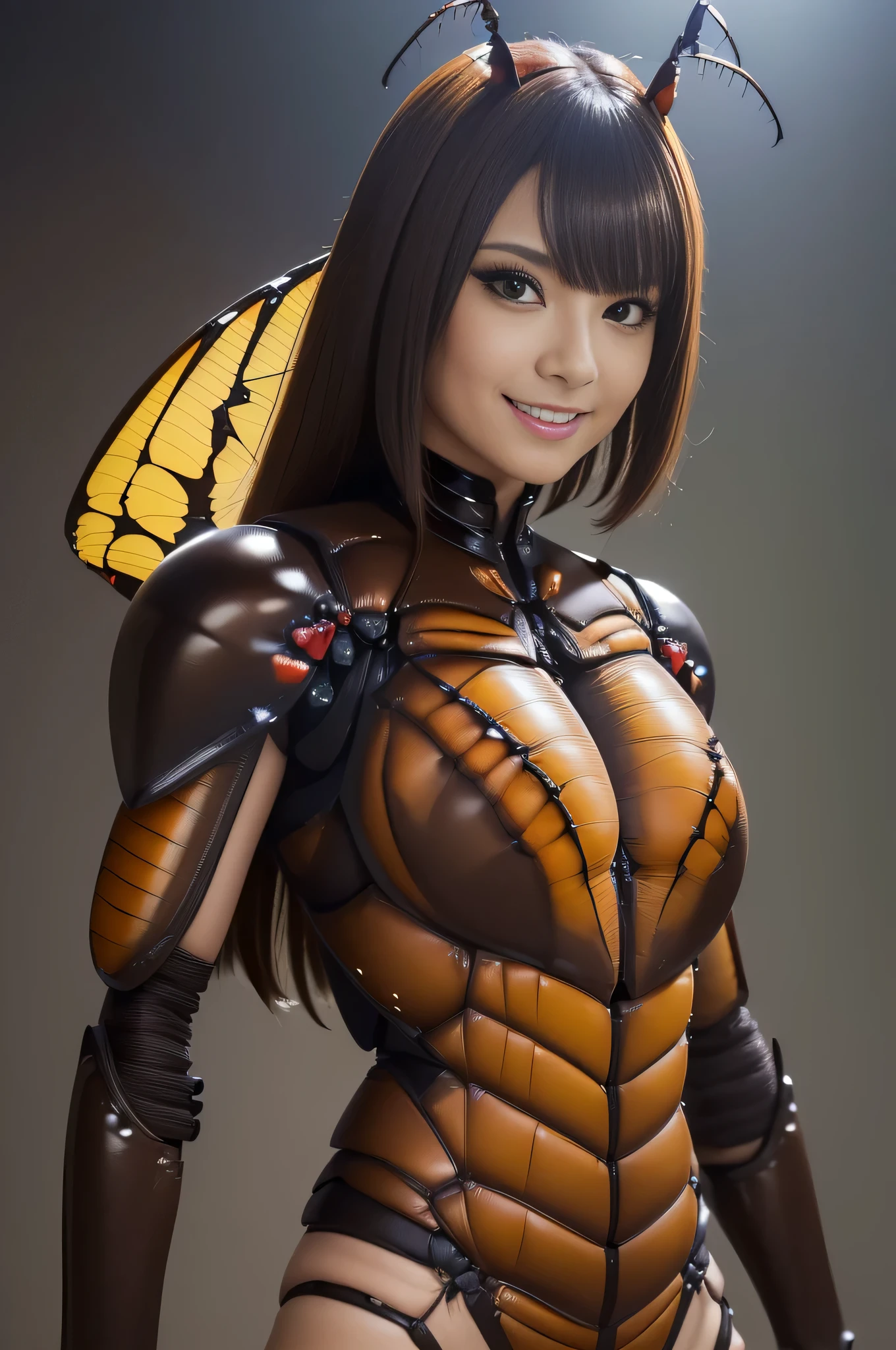 (high resolution,masterpiece,best quality,extremely detailed CG, anime, official art:1.4), realistic, photo, amazing fine details, all intricate, gloss and shiny,awesome many layers, 8k wall paper, 3d, sketch, kawaii, illustration,( solo:1.4), perfect female proportion,villainess, (fusion of dark brown cockroach and lady:1.4), (brown cockroach form lady:1.2), (brown cockroach lady:1.2), (fusion:1.2), (solo:1.4), (evil smile:1.2), muscular, abs, (cockroach brown exoskeleton bio insect suit:1.4), (cockroach brown exoskeleton bio insect armor:1.2), (brown transparency cockroach wing:1.4), (brown cockroach antennae:1.3),