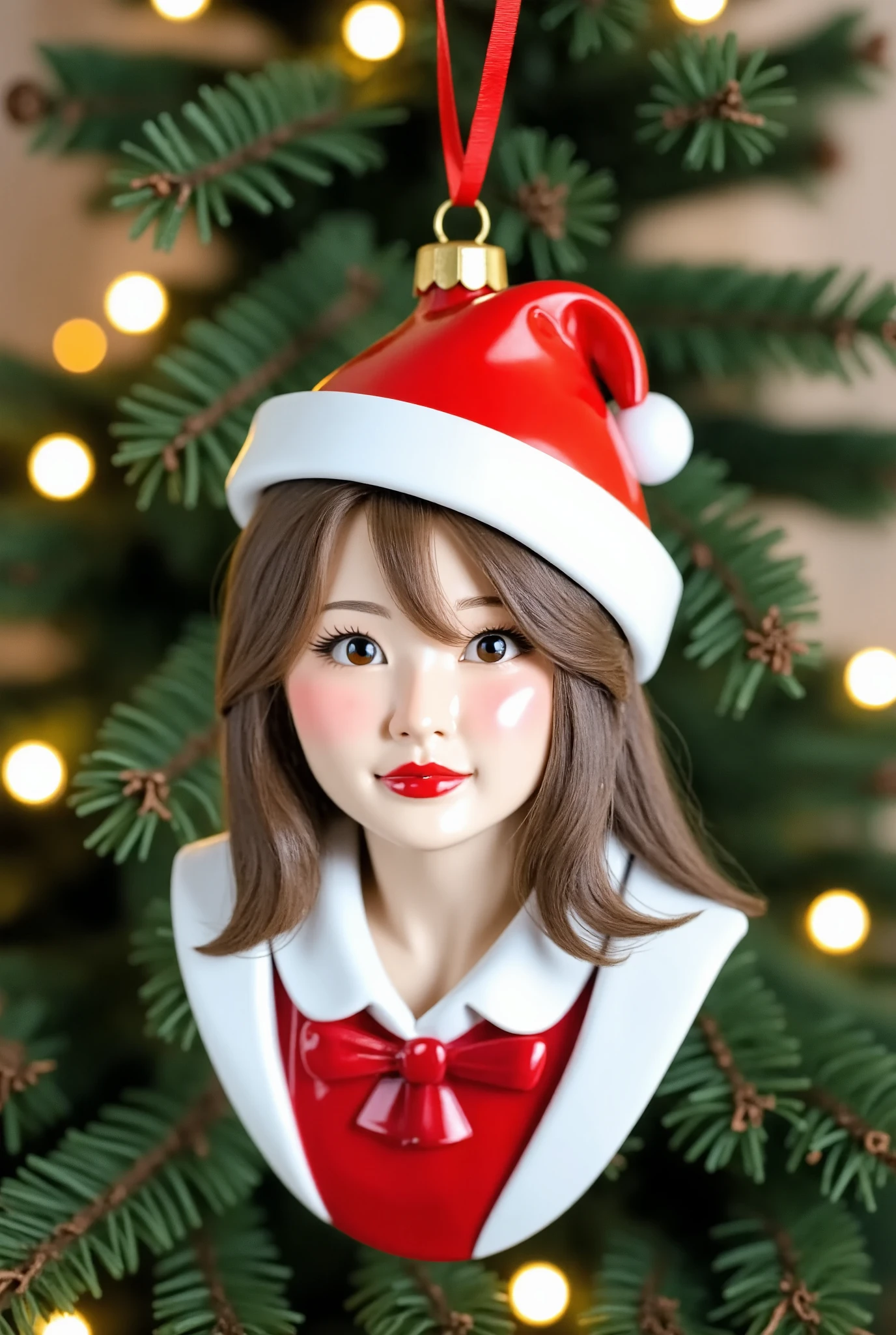 This is a high-resolution photograph of a b4ubl3f4c3 style TinaKitten, a Christmas ornament hanging from a beautiful tree in a warm homely room.