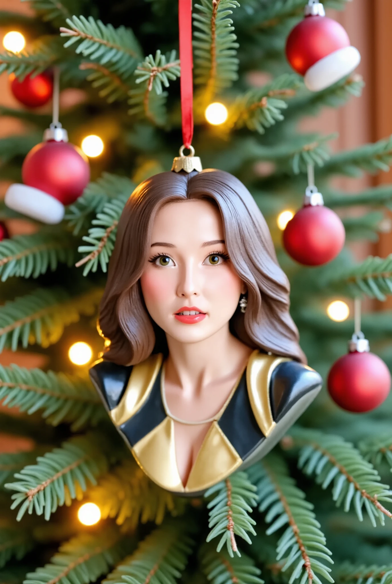 This is a high-resolution photograph of a b4ubl3f4c3 style Tina Kitten, a Christmas ornament hanging from a beautiful tree in a warm homely room.