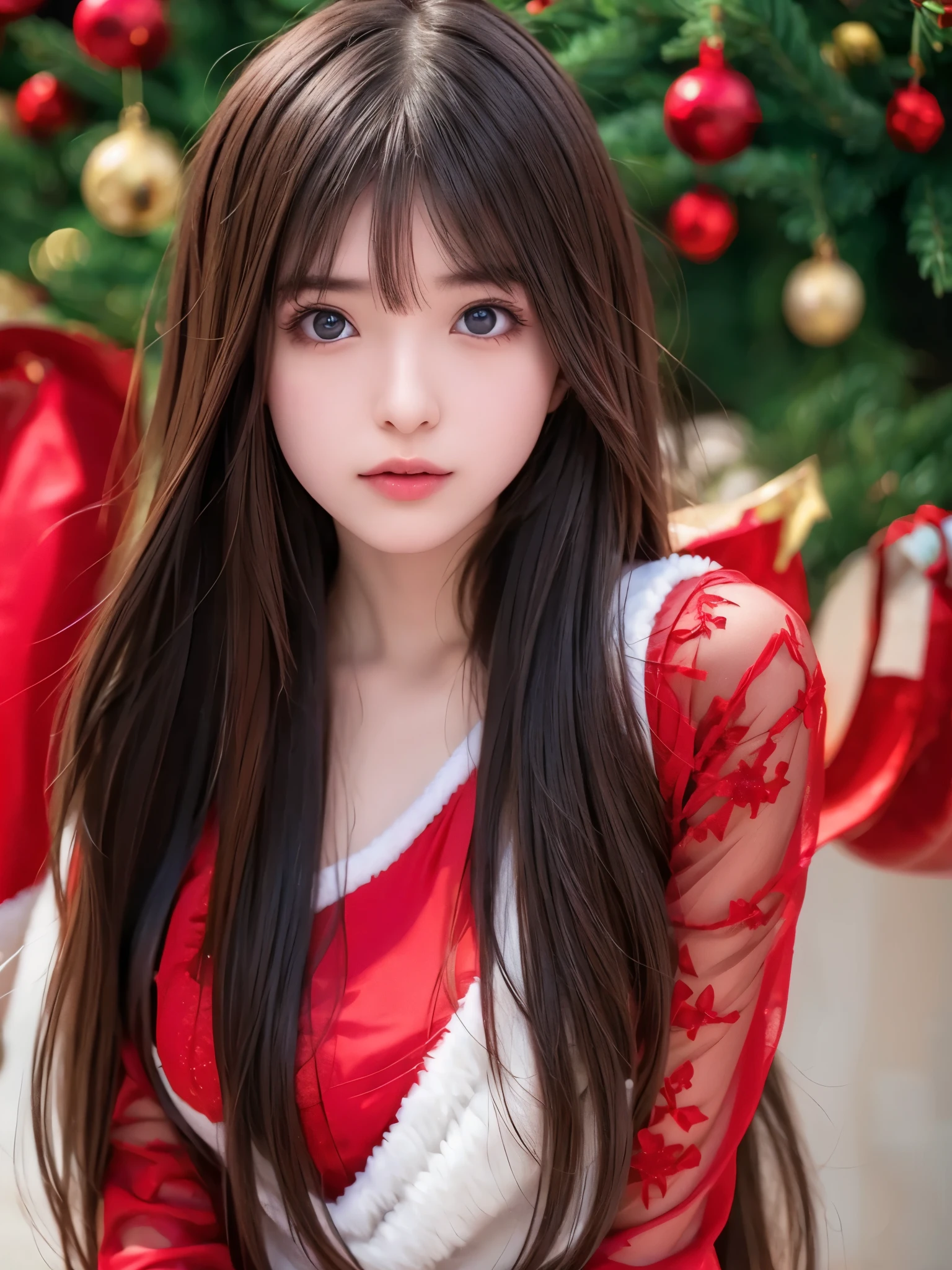  top quality、 super high resolution 、(Photographically: 1.4)、 beautiful eyes、 very beautiful 、 shiny hair、Thin hair、 Merry Christmas 、 red Santa Claus costume 、 Christmas tree