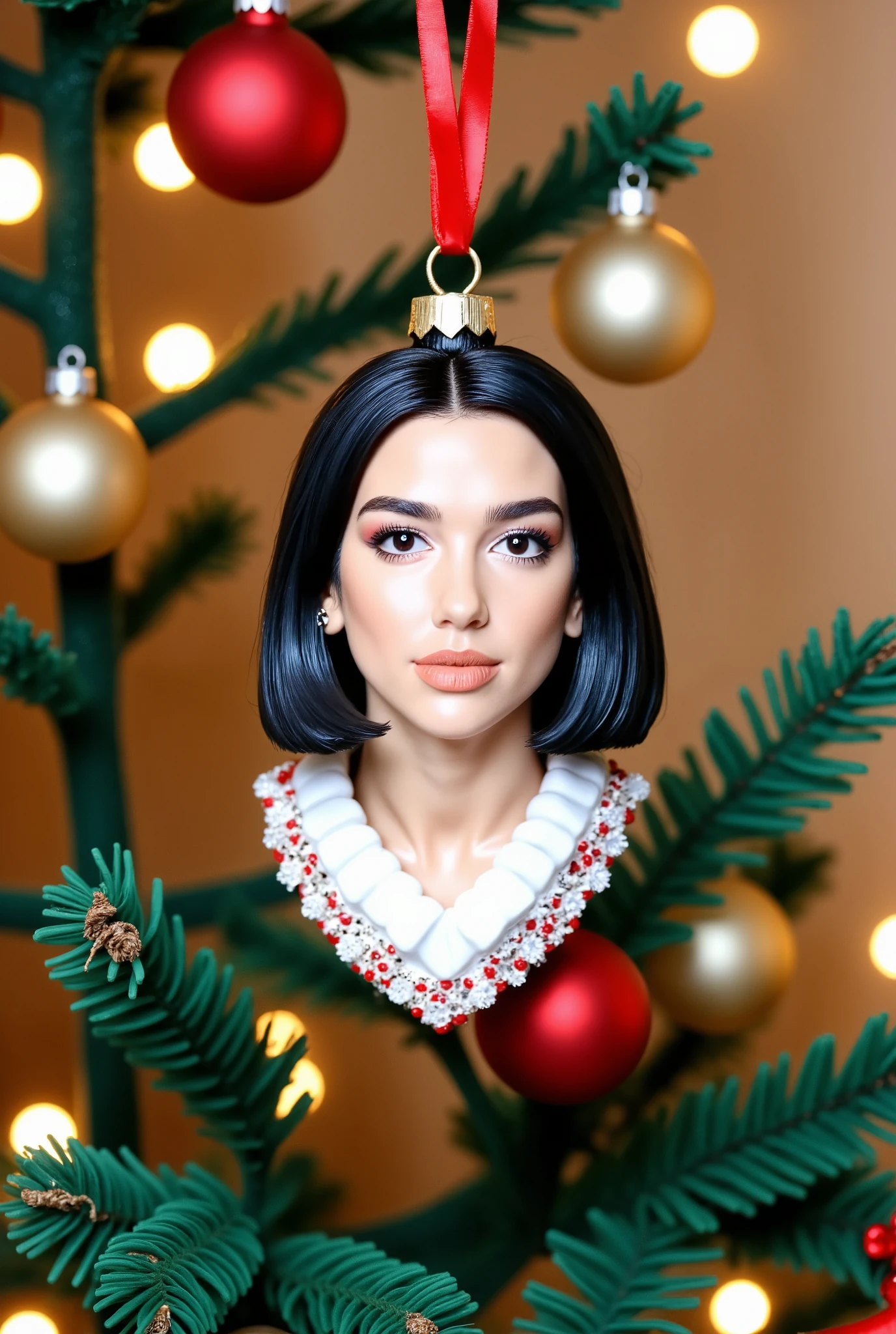 This is a high-resolution photograph of a b4ubl3f4c3 style Dua Lipa, a Christmas ornament hanging from a beautiful tree in a warm homely room.