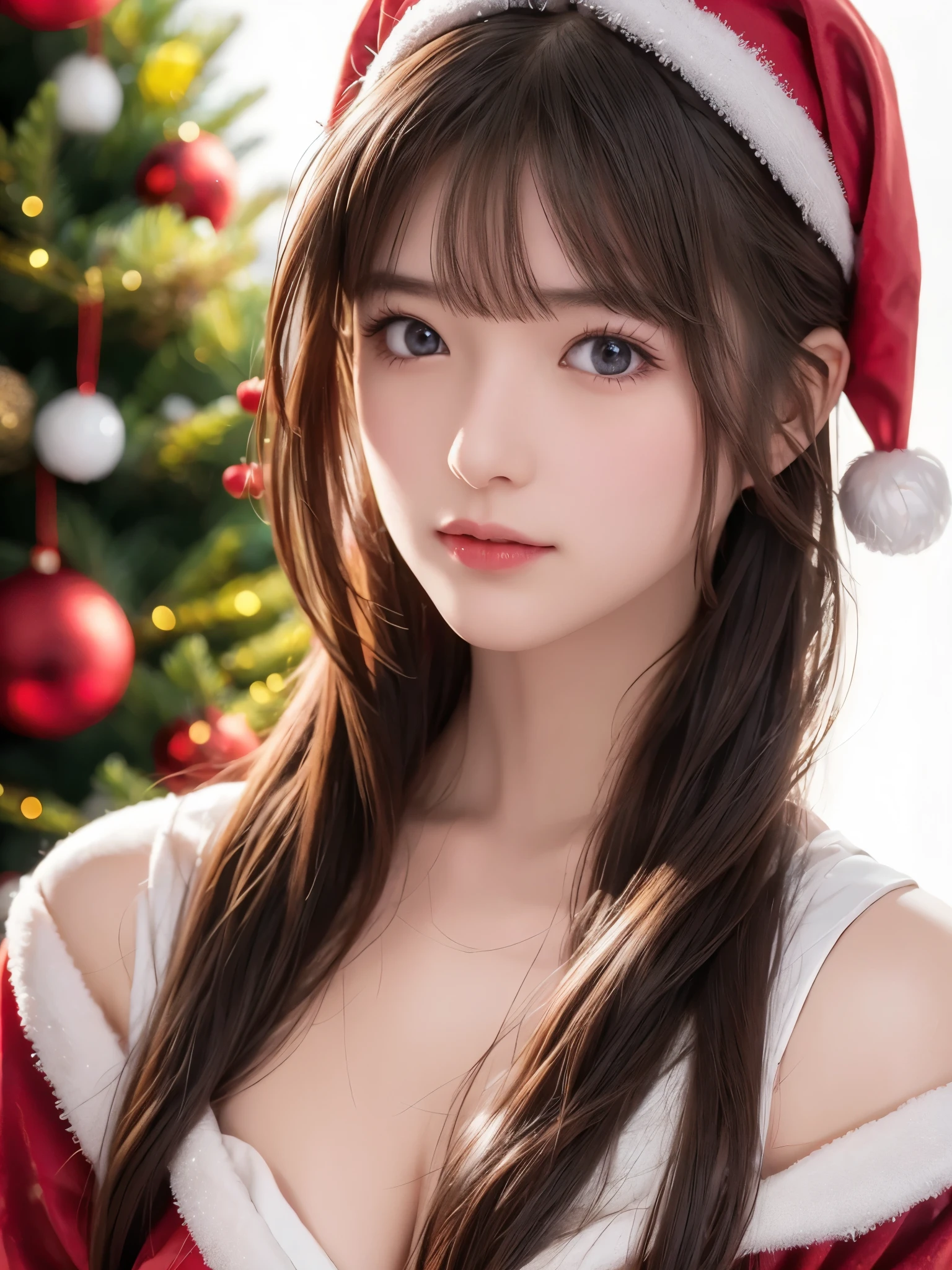 portrait、 realistic 、4K resolution、 High Quality CG、Beautiful CG、Soft light、 shiny hair、fine-grained hair、 Merry Christmas 、 red Santa Claus costume 、 Christmas tree