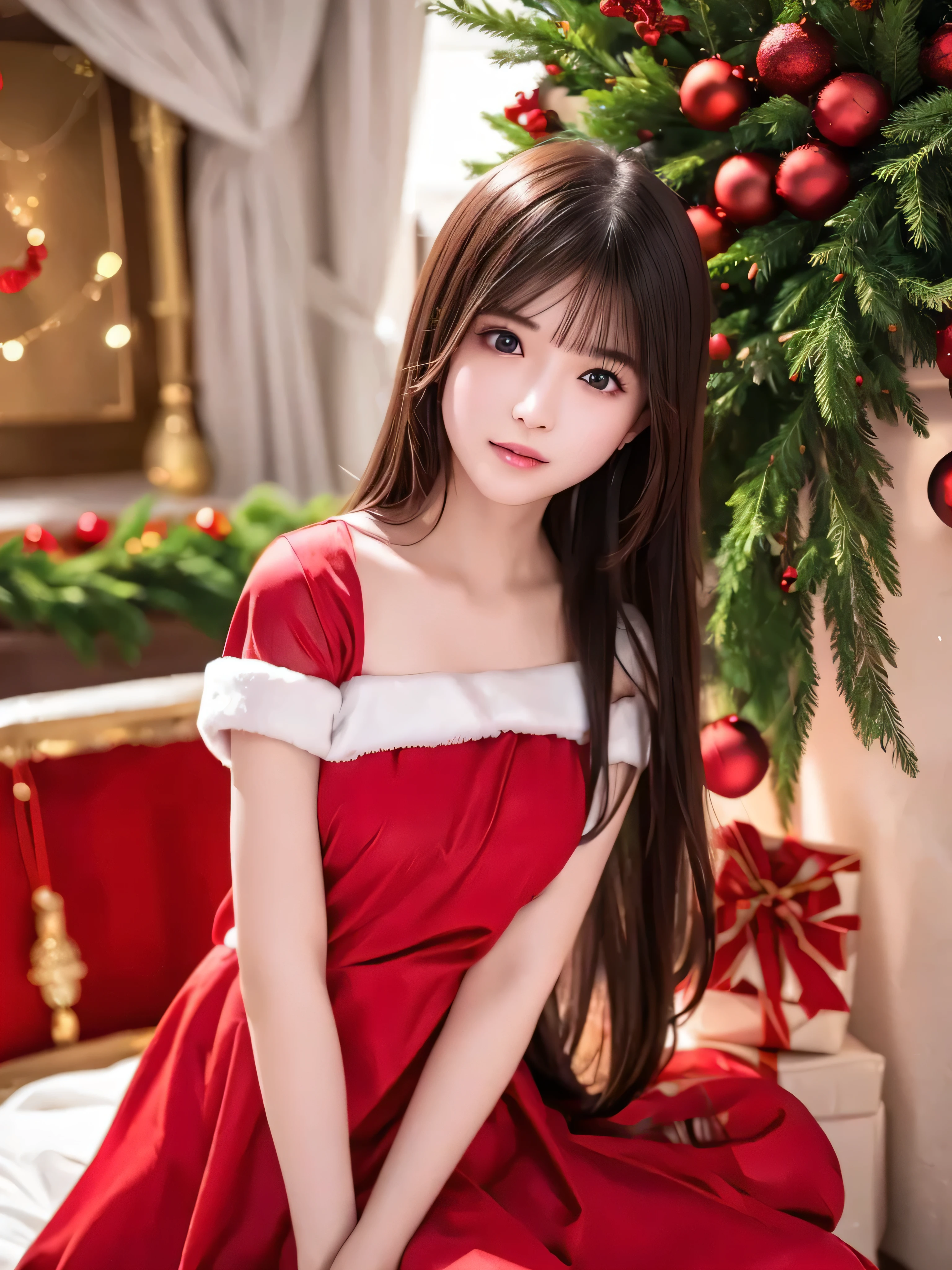 top quality、 super high resolution 、(Photographically: 1.4)、 beautiful eyes、 very beautiful 、 shiny hair、Thin hair、 Merry Christmas 、 red Santa Claus costume 、 Christmas tree