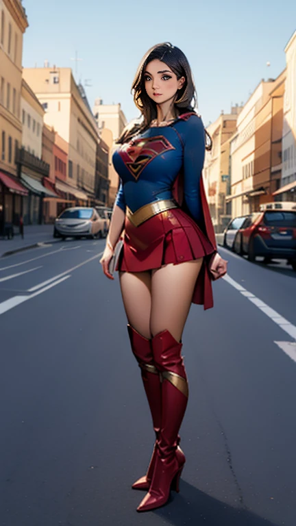 (     top quality ), (     top quality ), (Overall view), Backstreets,Supergirl with a sexy body,  Big Breasts, Beauty,      halter neck tops     ,        short skirt    , Cape,       boots, low top       