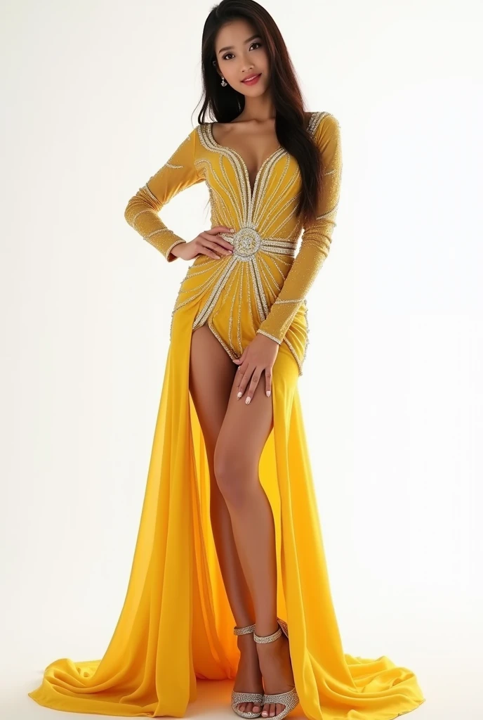Celebrity of india standing and yellow black very short frock wearing no shoes wearing
