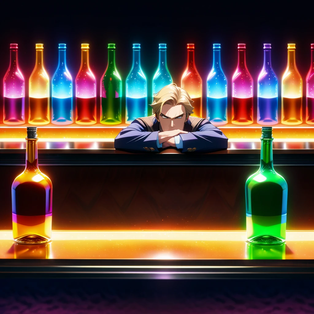 1Man,male,middle age,About 40 years old.,grey eyes,V-shaped eyebrows,blonde hair,short hair,scowl,chin raised,(head rest),Hardboiled Novel Detective,in 1930's,(at bar),(Colorful bottles lined up on the counter:1.5),(indirect lighting, bottles),(lounging, Dark bar),(cocktails:1.2),(Bar counter:1.3),(Luster),masterpiece,best quality,newest,cinematic angle,depth of field,codeandigital, c0dean0igital, cyberw0rlds,