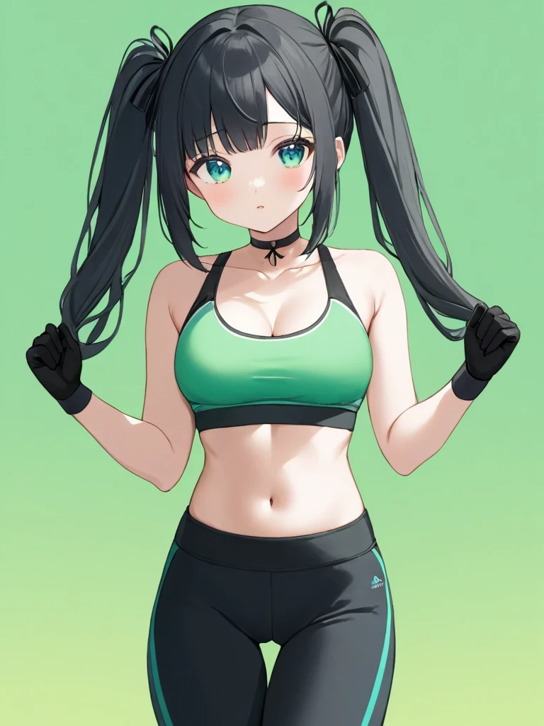ultra detailed 、( top quality)、(( Masterpiece ))、( high definition )、 original 、extremely、、Mona、1girl、chest、Alone、 black hair、twintail hair、 green sports bra、collarbone、navel、midriff、stomach、Black yoga pants、 choker 、Bare shoulders、gloves、looking at viewer、black gloves、detached sleeves、大きなchest、hair ribbon、ribbon、aqua eyes、 cowboy shot 、black choker 、black ribbon、sports bra with an green、yoga pants with an black、cleavage、standing、sports bra and yoga pants only、