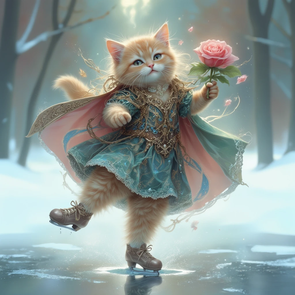 A cute and chubby cat holding a rose in its mouth, performing a dynamic skating pose on a frozen lake. The cat stands on one paw, with the other leg extended gracefully behind it in an arabesque position. One front paw is raised slightly as if balancing, while the flowing cape swirls around its body, emphasizing the motion. The elegant medieval-style noble outfit, featuring intricate embroidery and luxurious fabrics, complements the regal and artistic atmosphere. The serene winter background reflects the cat’s pose, creating a harmonious and magical scene.