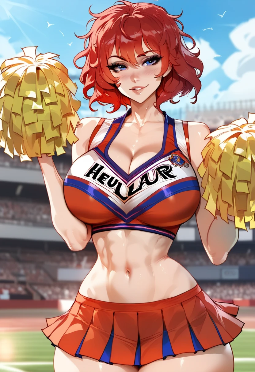 Beautiful woman, red hair, messy hair, bangs, blue eyes, big breasts, fit body, hourglass figure, wide hips, athletic, cheerleader outfit, black cheerleader outfit, cleavege, decollete, collarbone, bare midriff, miniskirt