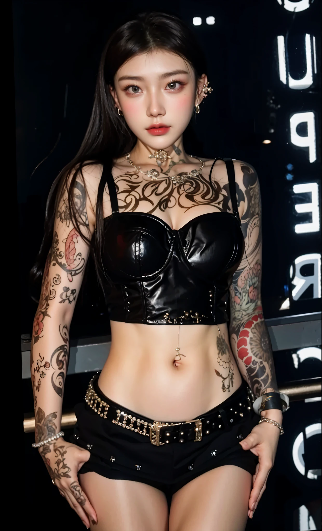 Masterpiece, The best quality, Ultra-high resolution, High detail photo, Unity 8K Wallpaper, Extremely detailed CG:1.2), depth of field, bokeh, (RAW photo:1.Realistic photography:1.4), (1girl:1.5), YOUNG, physically based representation, beautiful, (Finely detailed face:1.4, Detailed clothing), (detailed:1.4) named (eimi fukada:1.1) BREAK Cara hermosa, depth of field, Add layer, hyperrealistic, 20 years old, perfect body model, perfect breasts, 175cm tall, pose sexy, full body, whole body, Model Body Type, BREAK (black bikini shorts:1.3), (long hair:1.2), double eyelid BREAK city, cute smile, (big tattoo on arm:1.5)
