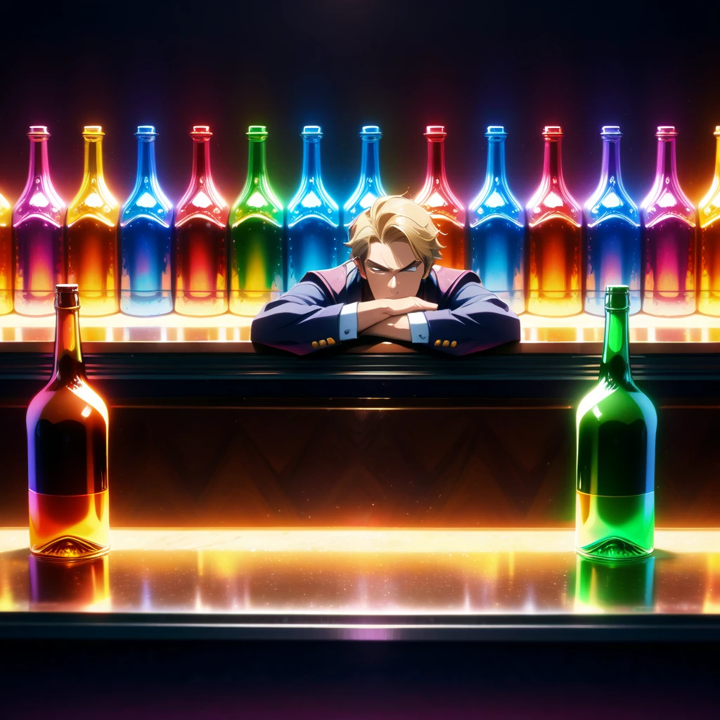 1Man,male,middle age,About 40 years old.,grey eyes,V-shaped eyebrows,blonde hair,short hair,scowl,chin raised,(head rest),Hardboiled Novel Detective,in 1930's,(at bar),(Colorful bottles lined up on the counter:1.5),(indirect lighting, bottles),(lounging, Dark bar),(cocktails:1.2),(Bar counter:1.3),(Luster),masterpiece,best quality,newest,cinematic angle,depth of field,newest,ai-generated,codeandigital, c0dean0igital, cyberw0rlds,