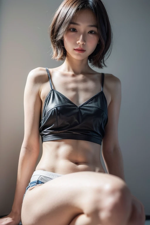 Young Japanese woman, 30s, white background, simple background, short bob hair, slender, 4K, 8K medium, high resolution, beautiful woman, beautiful eyes, simple camisole, loose silk shorts, lean forward, crouching, high resolution, alone, beautiful skin, beautiful skin, Smile, relax, nipple slip, nsfw