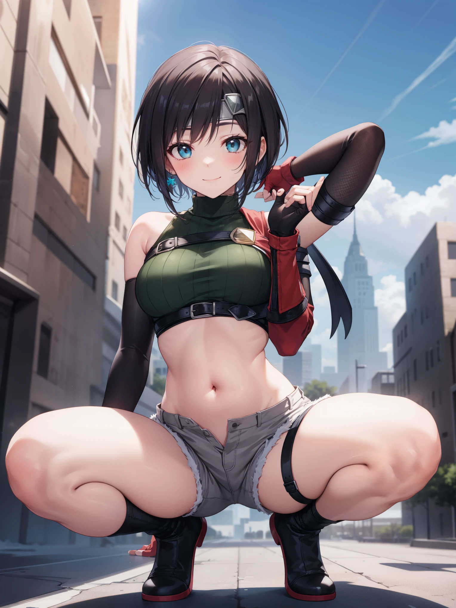 masterpiece, best quality, integrated scenery, integrated background, extremely delicate and beautiful, meticulous details, good composition, , cute face, perfect face, perfect hands, best quality, pyra, 1young_teen_girl, armor, bangs,  yuffiekisaragi, Yuffie Kisaragi,Haircuts, pixie cut,
BLAKE crop top, fingerless gloves, fishnet Thighhighs, fishnet, forehead protector, gloves, head band, belly button, short shorts, shorts, single sleeve, single thigh high, No sleeve, No sleeve turtleneck, Thighhighs, turtleneck、blue sky、smile, solo。nihil,knee,rise_knee,squatting,ninja_posing