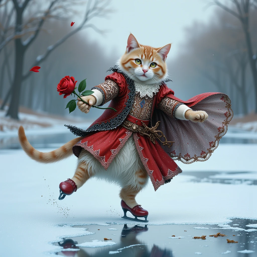 A cute and chubby cat holding a rose in its mouth, performing a dynamic skating pose on a frozen lake. The cat stands on one paw, with the other leg extended gracefully behind it in an arabesque position. One front paw is raised slightly as if balancing, while the flowing cape swirls around its body, emphasizing the motion. The elegant medieval-style noble outfit, featuring intricate embroidery and luxurious fabrics, complements the regal and artistic atmosphere. The serene winter background reflects the cat’s pose, creating a harmonious and magical scene.