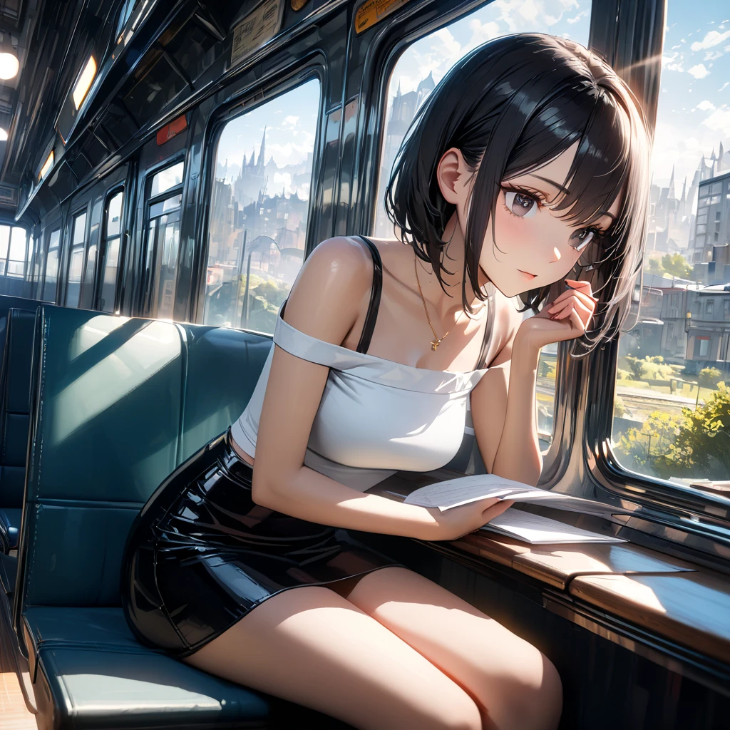 (masterpiece, best quality:1.2), abandoned train, in a flower field, 1girl, white panties, open shirt, sitting by a train, warm, summer, vibrant colors, best lighting, best shadows